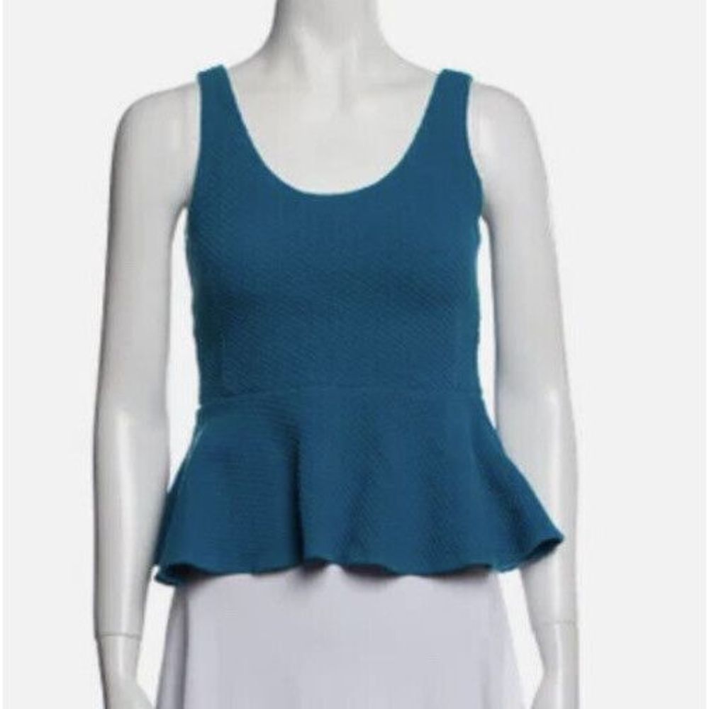 Ganni Womens Tank Top Peplum Waffle Knit Sleeveless Scoop Neck Turquoise Medium